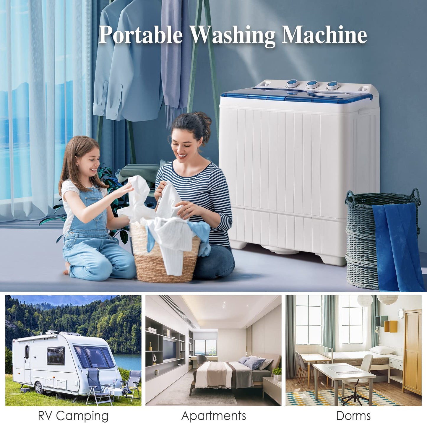 GiantexUK Twin Tub Washing Machine, 8.5KG Compact Washing Machine and Spin Dryer Combo with 3 Modes, Drainage & Timer