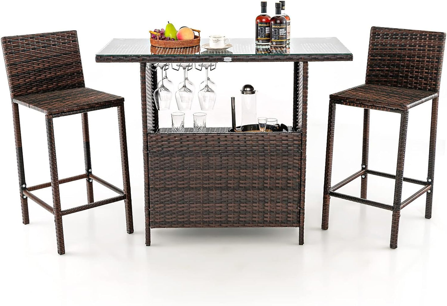 GiantexUK 3PCS Rattan Bar Table Set, Metal Frame Patio Bistro Set with Storage Shelves