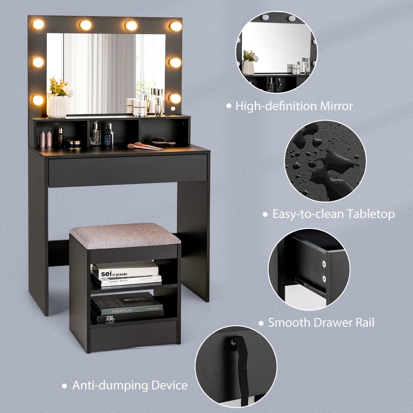 Dressing Table Set with LED Lights Hollywood Mirror, Drawer and Shelves