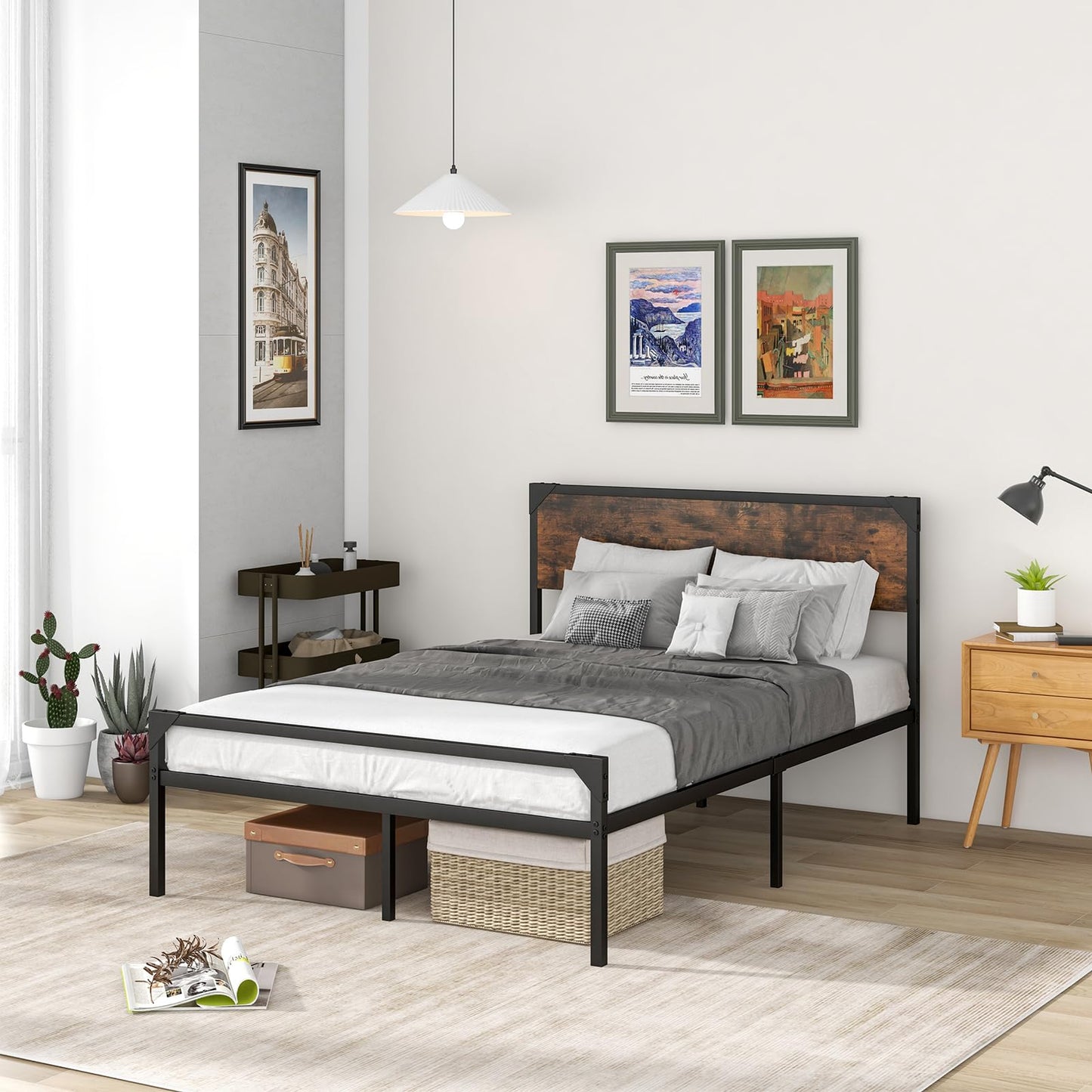 4FT6/5FT Bed Frame, 31cm Full/Queen Size Platform Bed with Rustic Headboard & Footboard