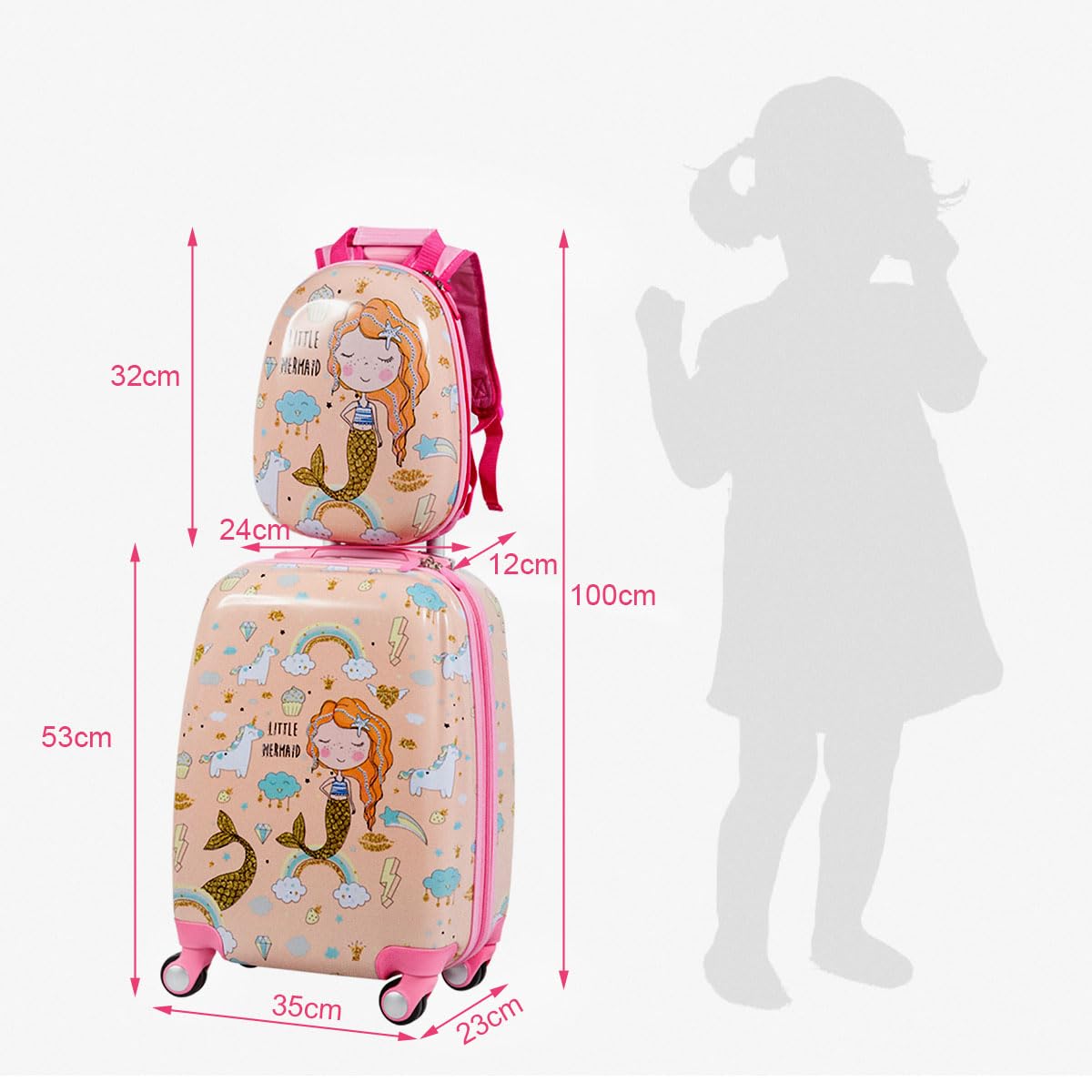 2 Pcs Kids Luggage Set, 12'' Backpack and 18'' Suitcase Children Boys Girls Travel School Trolley Case on Wheels (Mermaid, Pink)