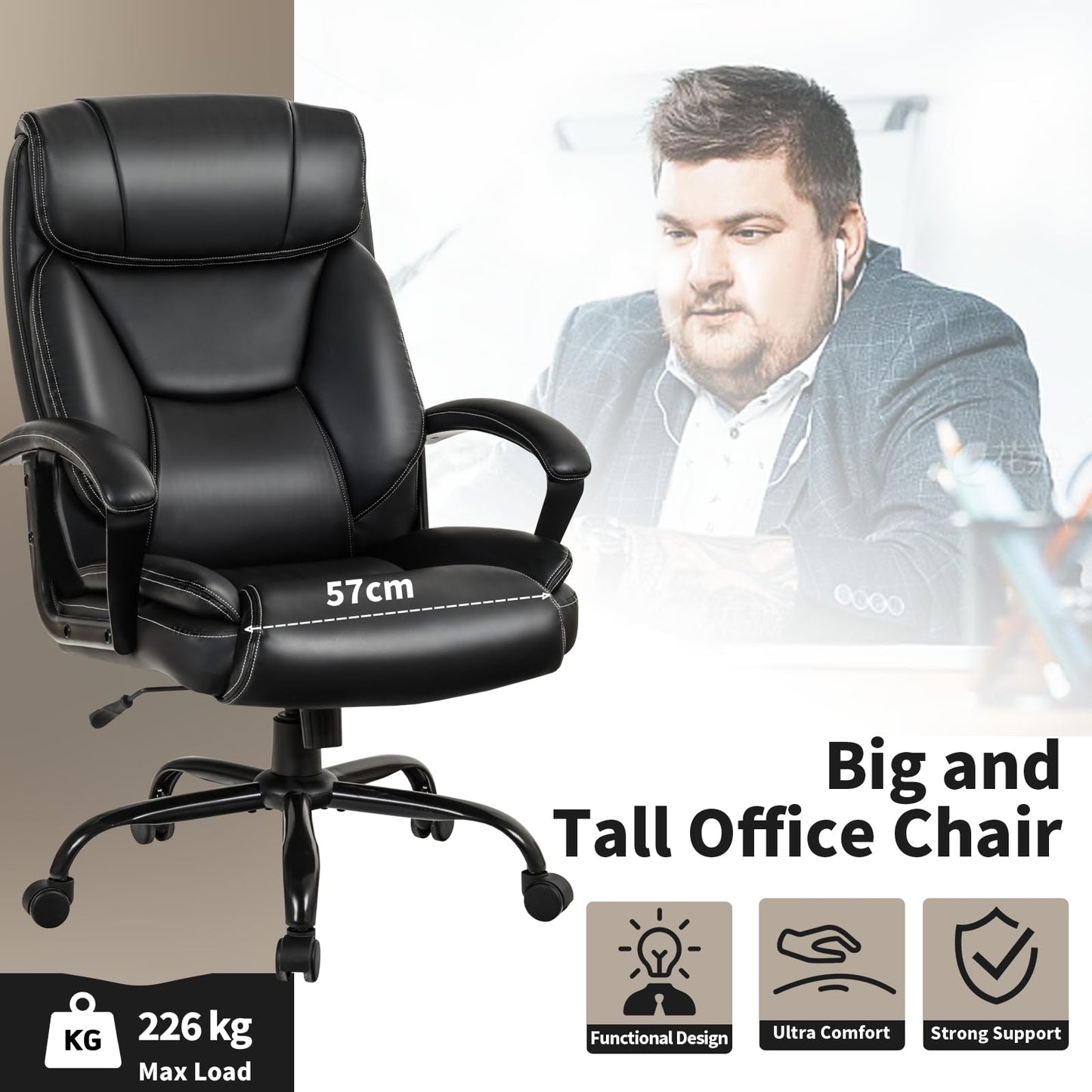 500LBS Big & Tall Executive Office Chair, Height Adjustable Leather Computer Desk Chair with Rocking Backrest & Arms, Home Office Ergonomic Swivel Task Chair