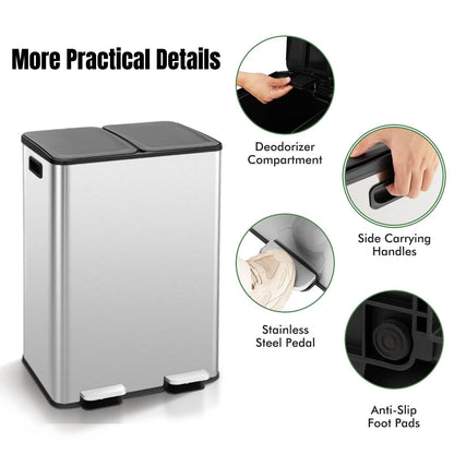 GiantexUK 2x30L Kitchen Pedal Bin, Stainless Steel Recycling Rubbish Can with Detachable Inner Buckets