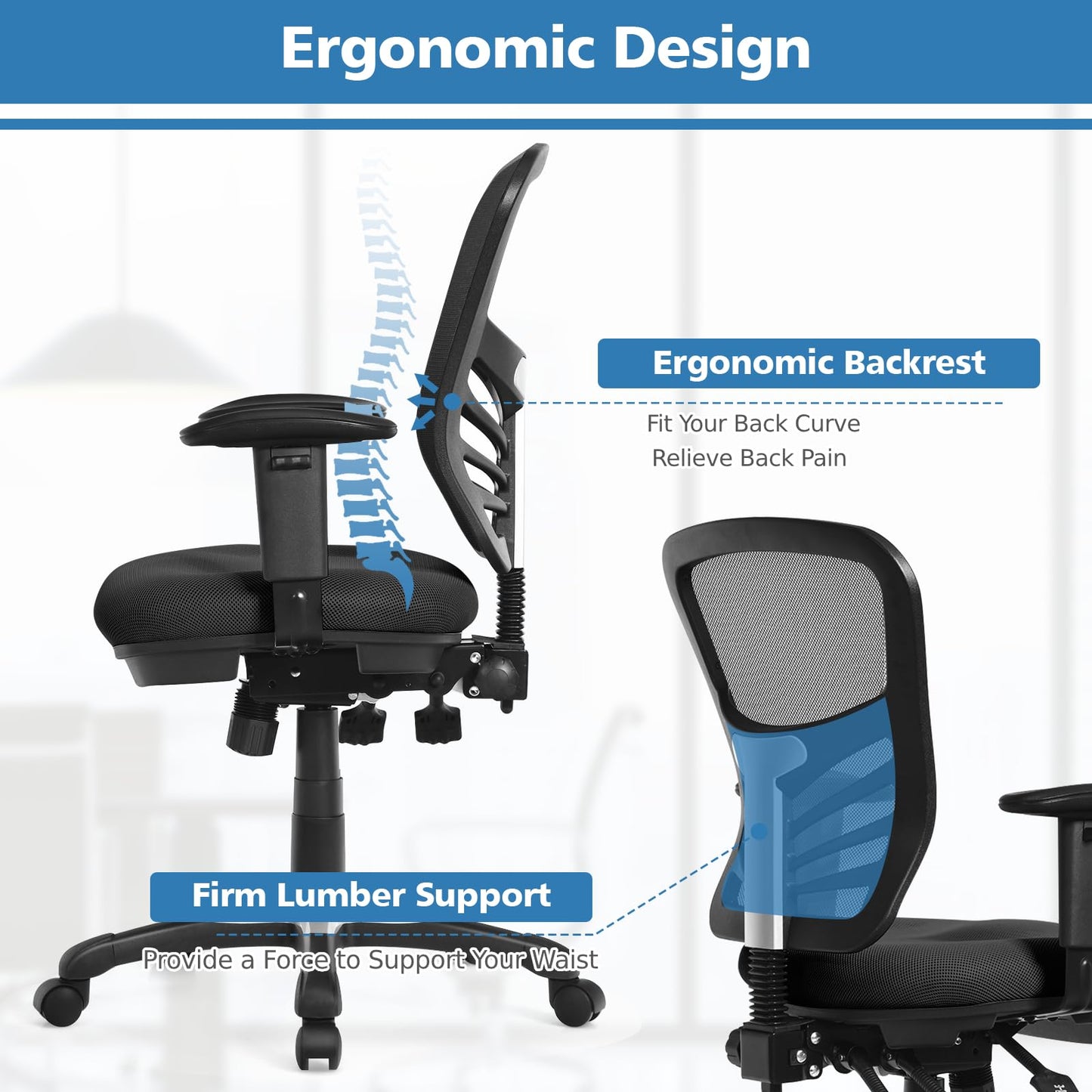 Mesh Office Chair, Height Adjustable Swivel Computer Desk Chair, Ergonomic Mid-Back