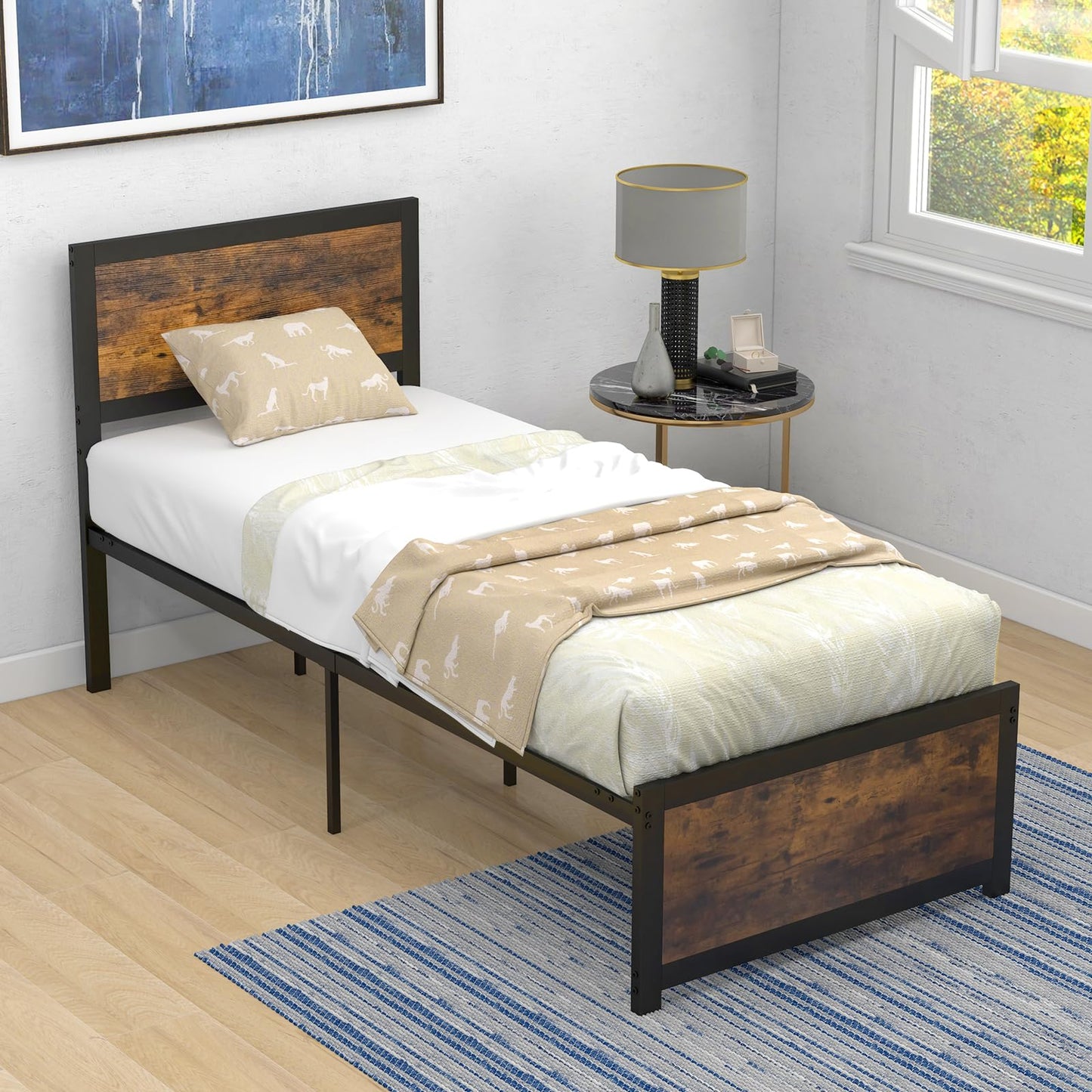 3FT Single Metal Bed Frame, Twin Size Platform Bed with Headboard