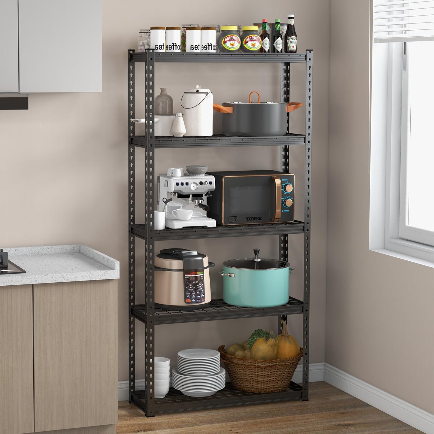 GiantexUK 5 Tier Garage Shelving Unit, Heavy Duty Adjustable Metal Shelves with Anti-tipping Device, 90x29x183cm