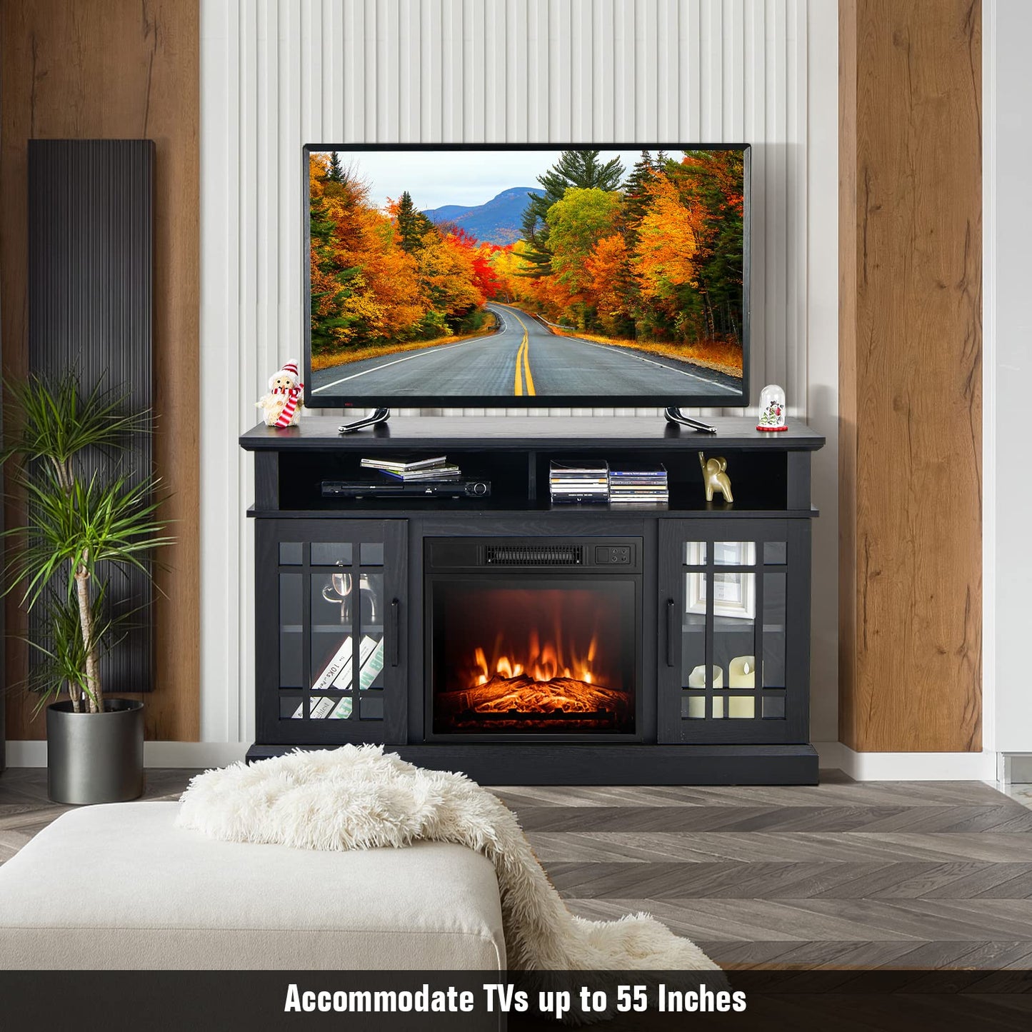 GiantexUK Electric Fireplace Insert TV Stand, Living Room Wooden Console Entertainment Center with Electric Fire