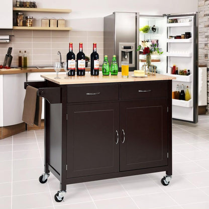 GiantexUK Kitchen Island Cart on Wheels, Mobile Storage Trolley with Rubber Wood Tabletop, Adjustable Shelf