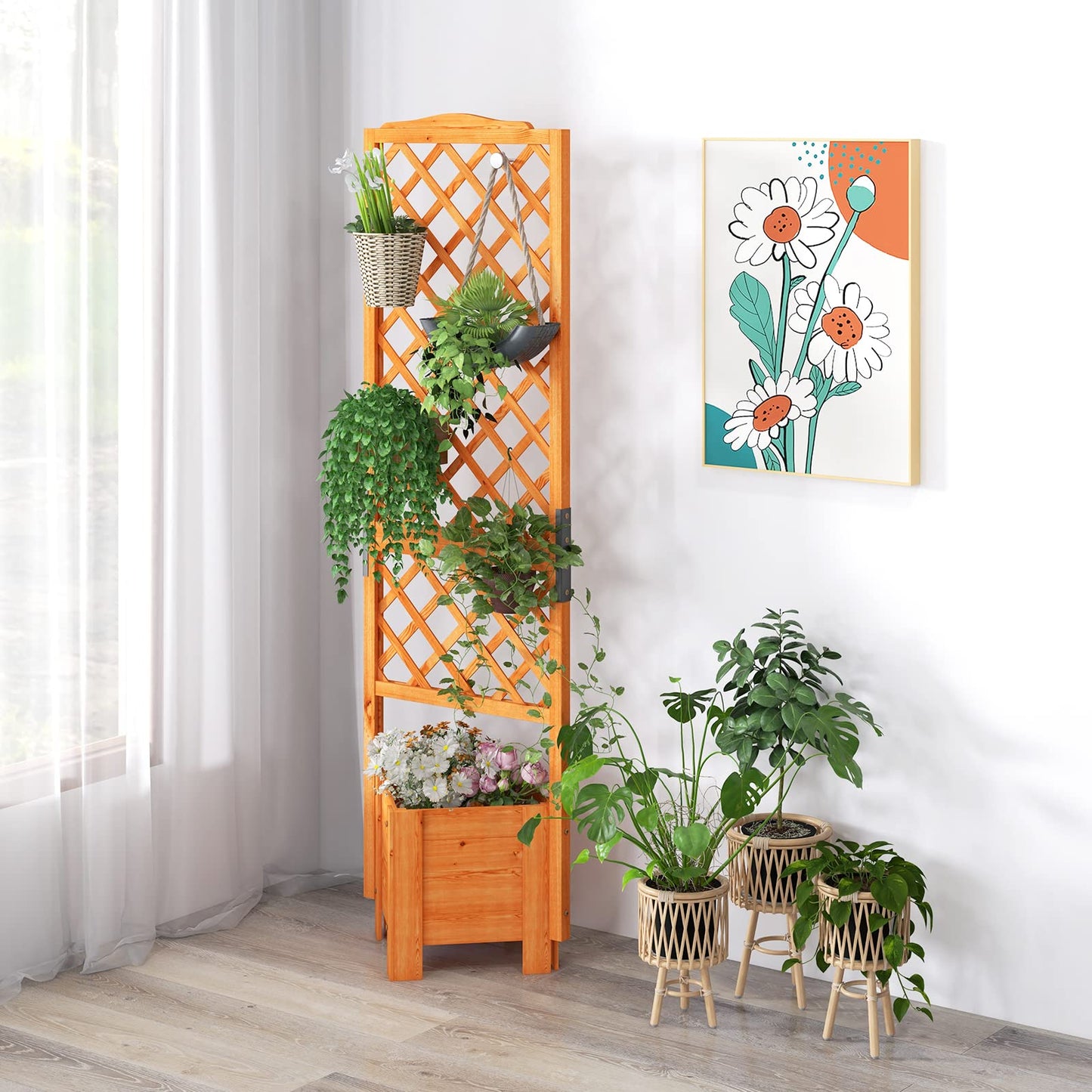 GiantexUK Garden Planter with Trellis, Wood Raised Garden Bed with Drainage Holes (55x52x180cm, Triangle Box, Orange)