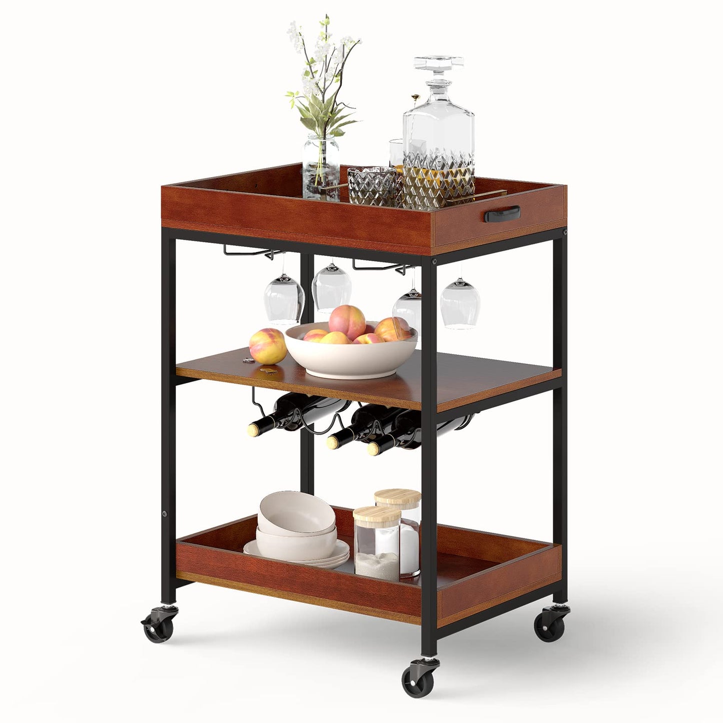 GiantexUK Kitchen Serving Trolley, Rolling Bar Cart with Wine Rack & Glass Holders, Drinks Storage Island on Lockable Wheel (1 Tier Wine Rack, 60 x 45 x 85cm)