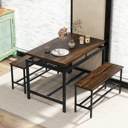 Dining Table with 2 Benches, 3 Piece Kitchen Table and Benches Set with Adjustable Foot Pads