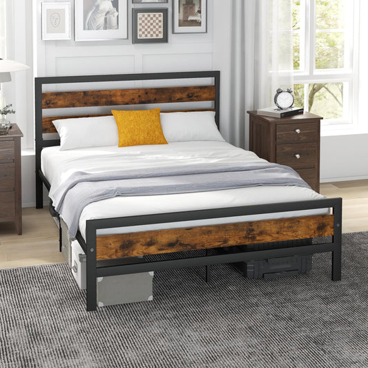 4FT6/5FT Platform Bed Frame, Double/King Metal Mattress Foundation with Slatted Headboard & Footboard