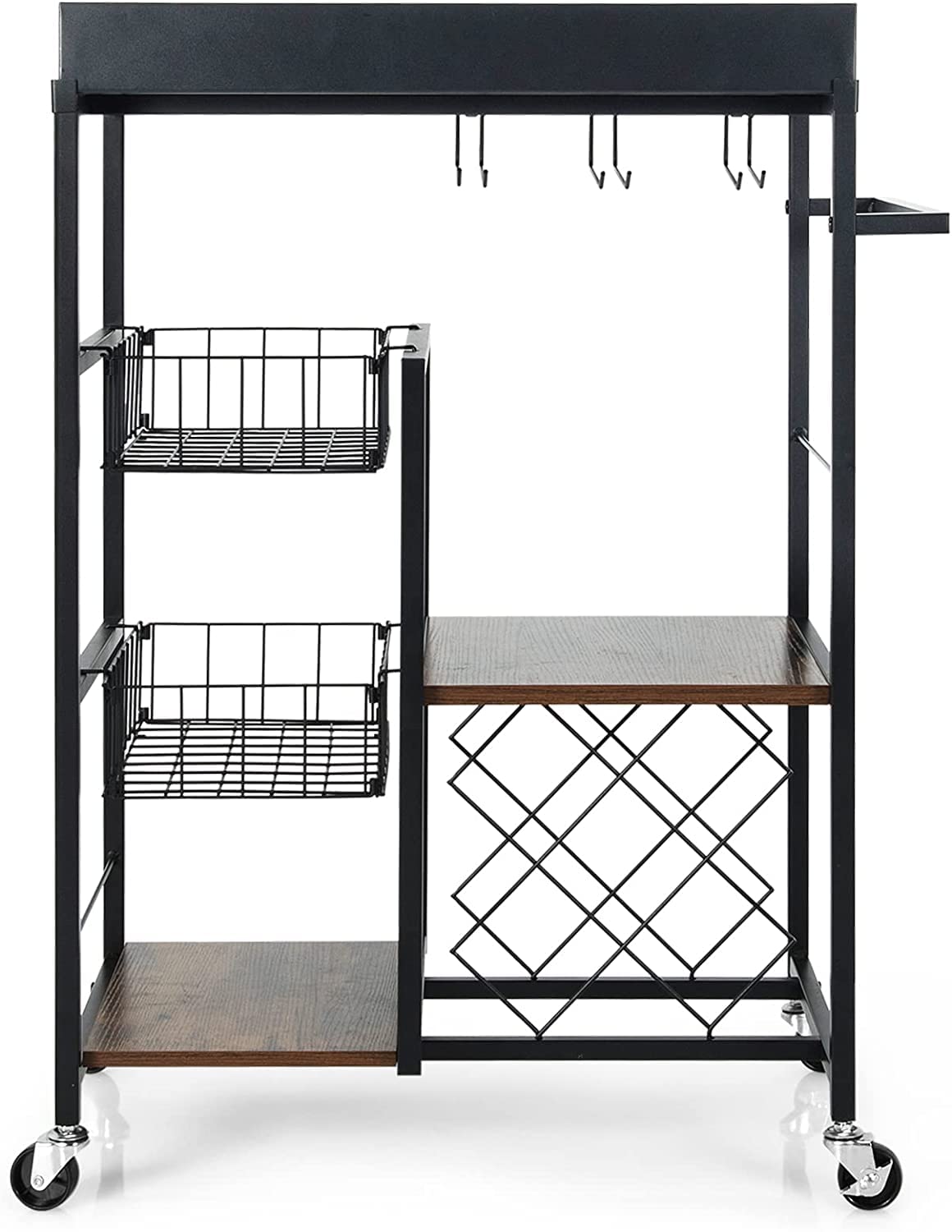 GiantexUK 4 Tier Service Cart, Industrial Kitchen Storage Trolley with Side Handle, Glass Holder, Removable Tray and Lockable Wheels