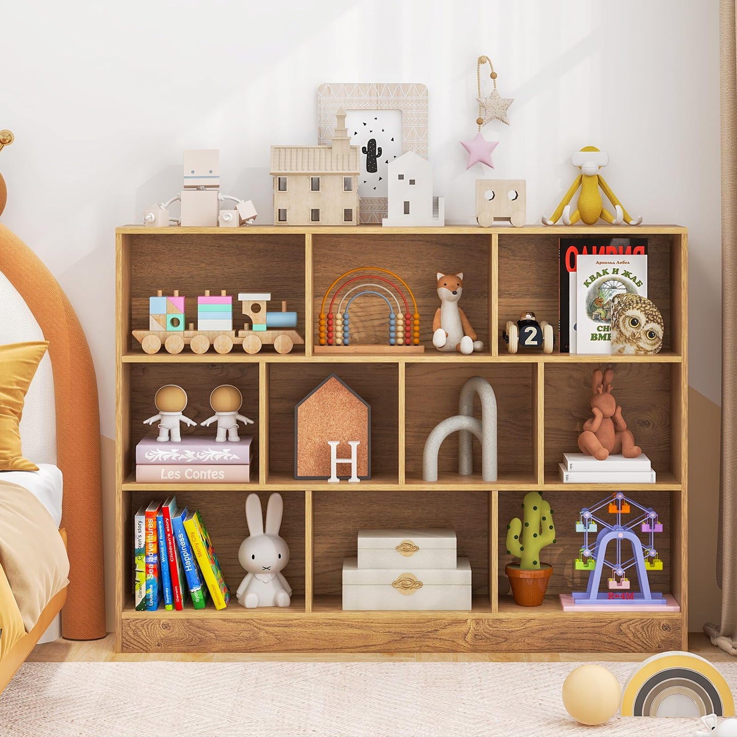 Wooden Cube Bookcase, 3 Tier Open Storage Shelving Unit with 10 Compartments, 140 x 24 x 104cm