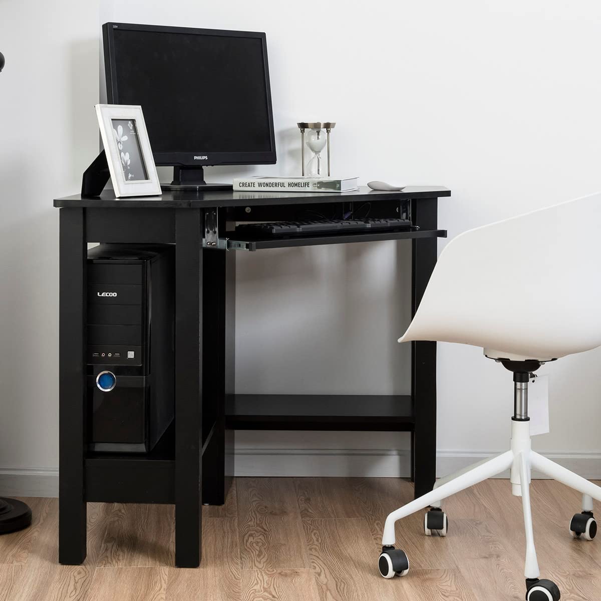 Corner Desk, Triangle Computer Desk with Keyboard Tray & 2 Open Shelf