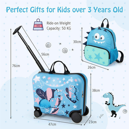 2 PCS Kids Luggage Set, 12” Backpack + 18” Ride-on & Carry-on Suitcase with Footrest (Dinosaur, Blue)