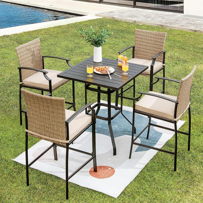 GiantexUK 5 Pieces Outdoor Bar Stool Set, Patio Rattan Bistro Set with 4 Wicker Bar Chairs & 1 Bar Table