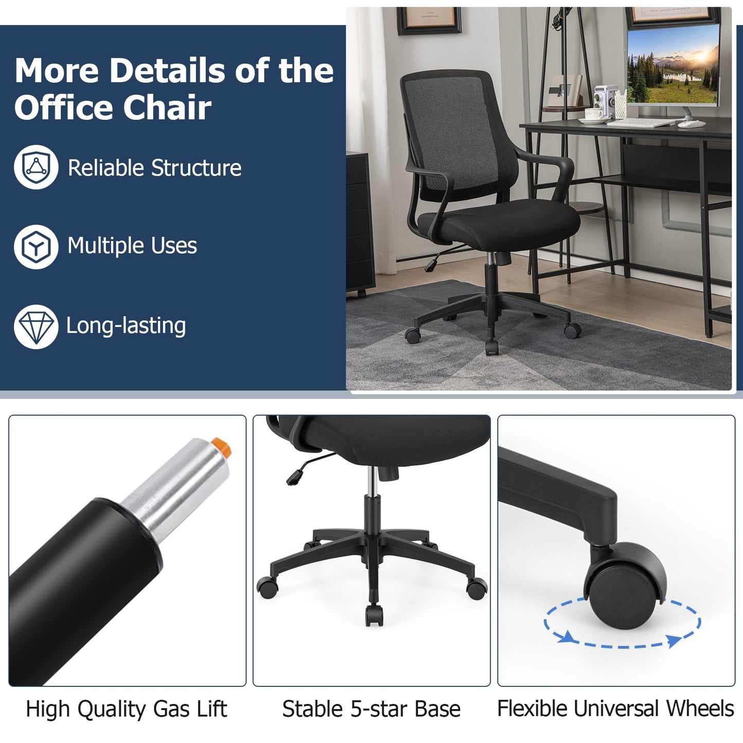 Mesh Office Chair, Height Adjustable Swivel Computer Desk Chair with Armrests