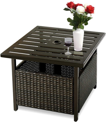 GiantexUK Rattan Outdoor Furniture Side Table, Patio Wicker Umbrella Side Table with Umbrella Hole