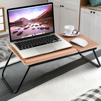 Folding Laptop Bed Table, Adjustable Lap Standing Desk Breakfast Bed Tray with 4-Angle Tilting Top