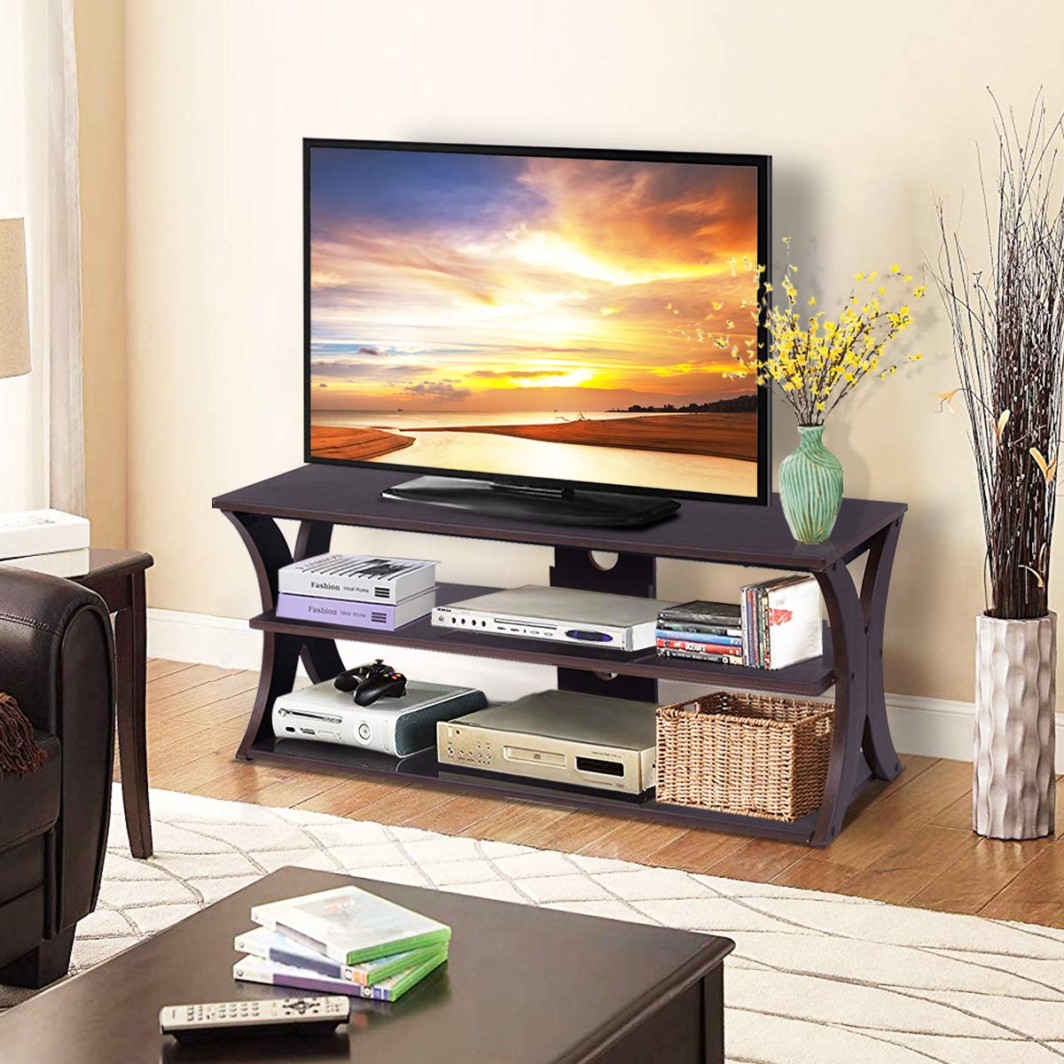 TV Stand for TVs up to 45 Inches, Wooden TV Cabinet Media Entertainment Center with 3-Tier Open Storage Shelves