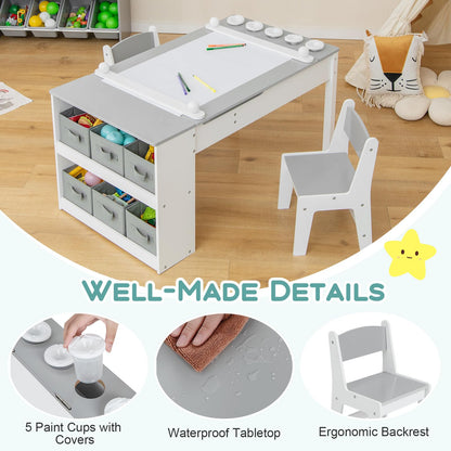 2-in-1 Kids Art Table and Chairs Set, Wooden Toddler Craft Easel Desk with 2-Tier Open Shelf, Storage Bins, Paper Roll and Paint Cups (5 Cups)