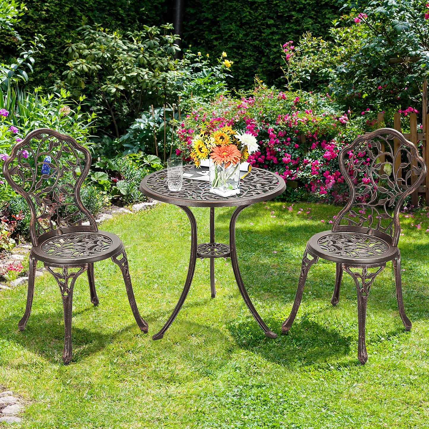 GiantexUK 3 Pieces Patio Bistro Set, Cast Aluminum Round Garden Table and Chairs Set