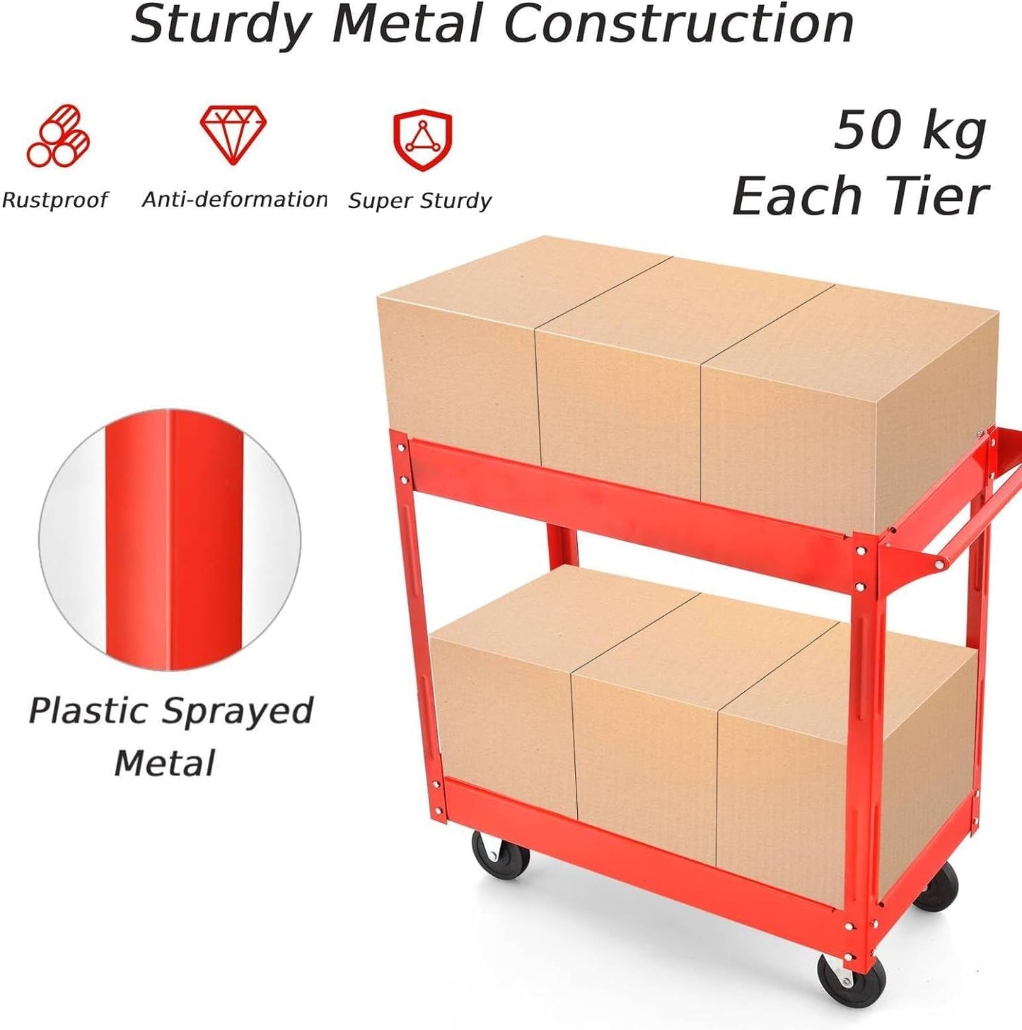 GiantexUK Tool Trolley on Wheels, 2-Tier Rolling Storage Service Cart with Handle