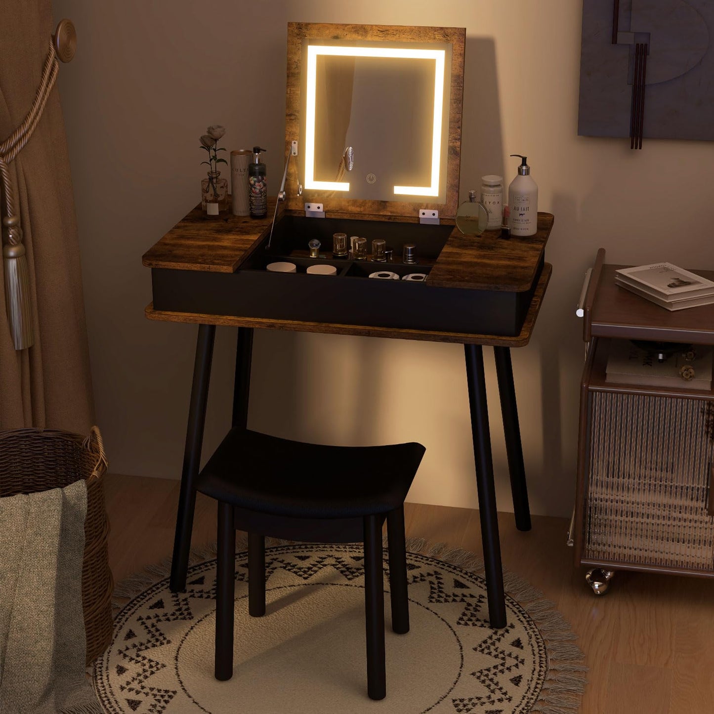 Dressing Table and Stool Set with Flip Top LED Lighted Mirror, USB Charging Station and 7 Hidden Compartments