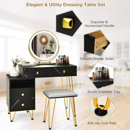 Dressing Table Set, Modern Vanity Makeup Table Stool Set with 3 Color Detachable LED Mirror (Black with Side Cabinet)