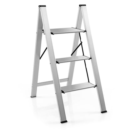 GiantexUK 3 Step Ladder, Aluminum Frame Folding Ladder with Non-slip Wide Pedal