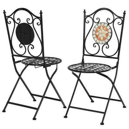 GiantexUK Folding Mosaic Chairs, Set of 2 Metal Round Bistro Garden Chairs, Patio Furniture Seats for Patio, Yard & Balcony, Seat Height 47 cm