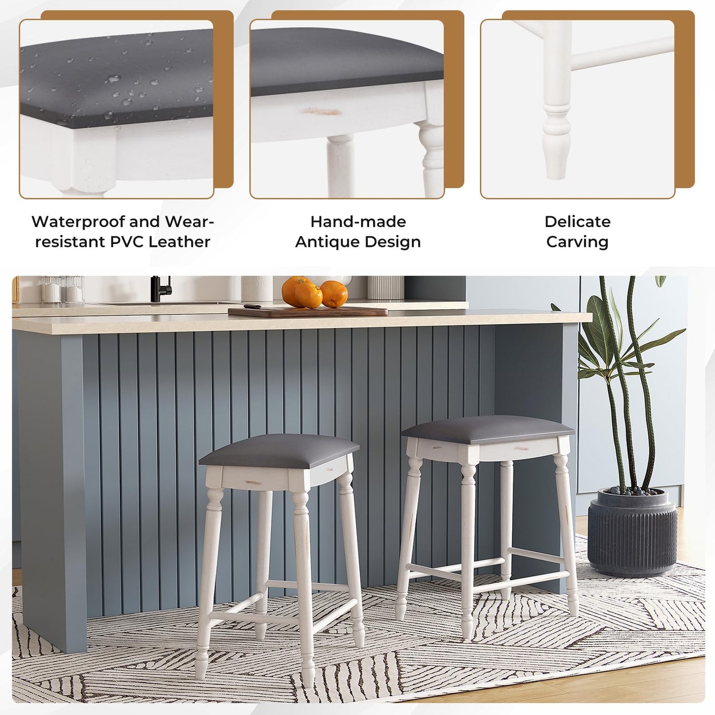 GiantexUK Bar Stools Set of 2, Upholstered Breakfast Barstools with PVC Cushion Surface & Extra Footrests (47 x 34 x 61cm)