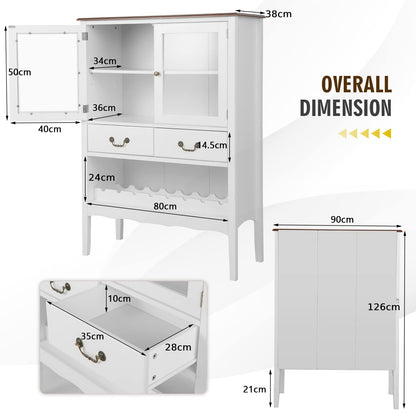 GiantexUK Sideboard for Living Room, Freestanding Storage Cabinet with 2 Glass Doors, Adjustable Shelf, 2 Drawers & Open Wine Rack