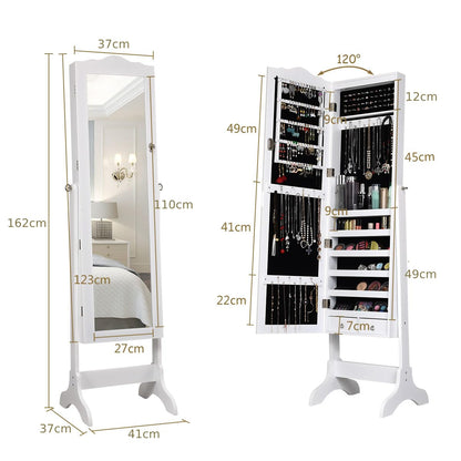 14 LED Lights Jewellery Cabinet, Freestanding Mirrored Mobile Cosmetic Armoire with 4 Adjustable Angles