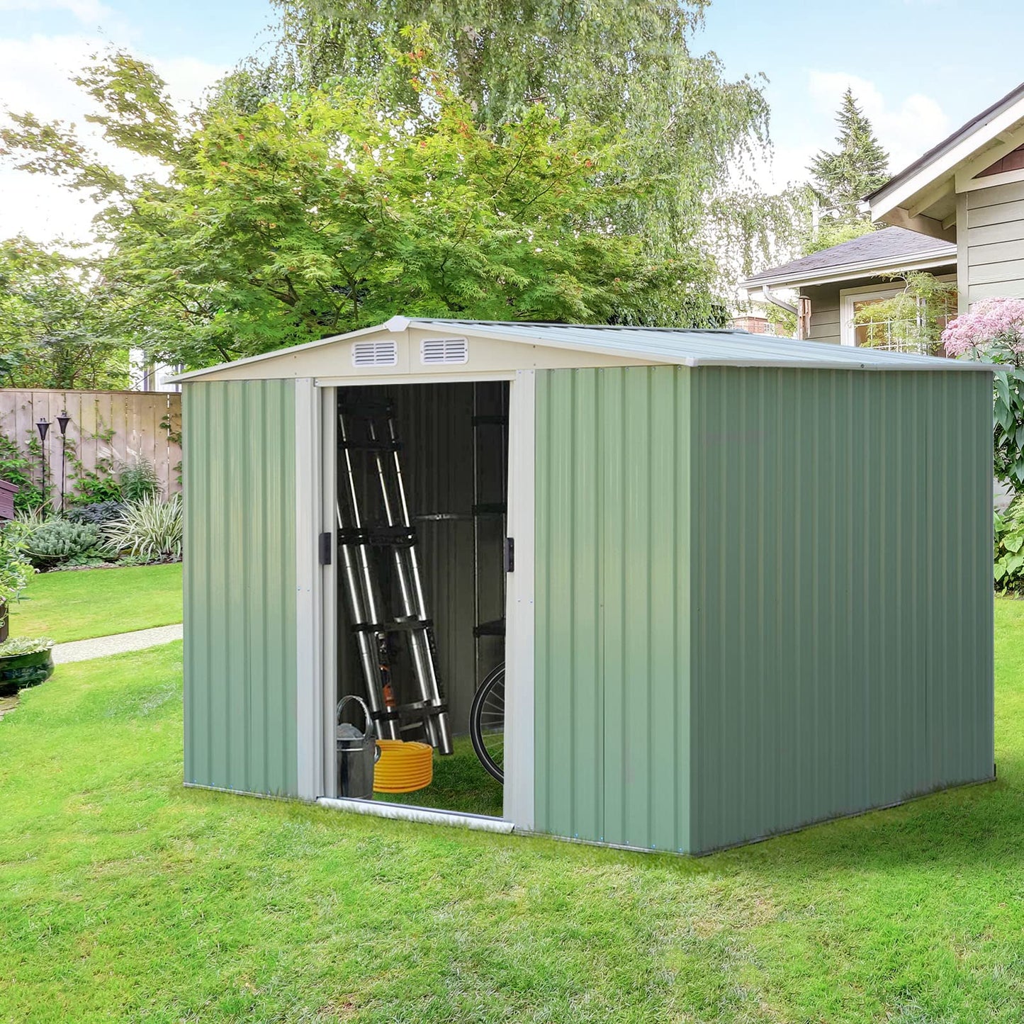 GiantexUK 8x6FT Metal Garden Shed, Slope Roof Utility Shed Building for Backyard Garage (8x6FT, Light Green)