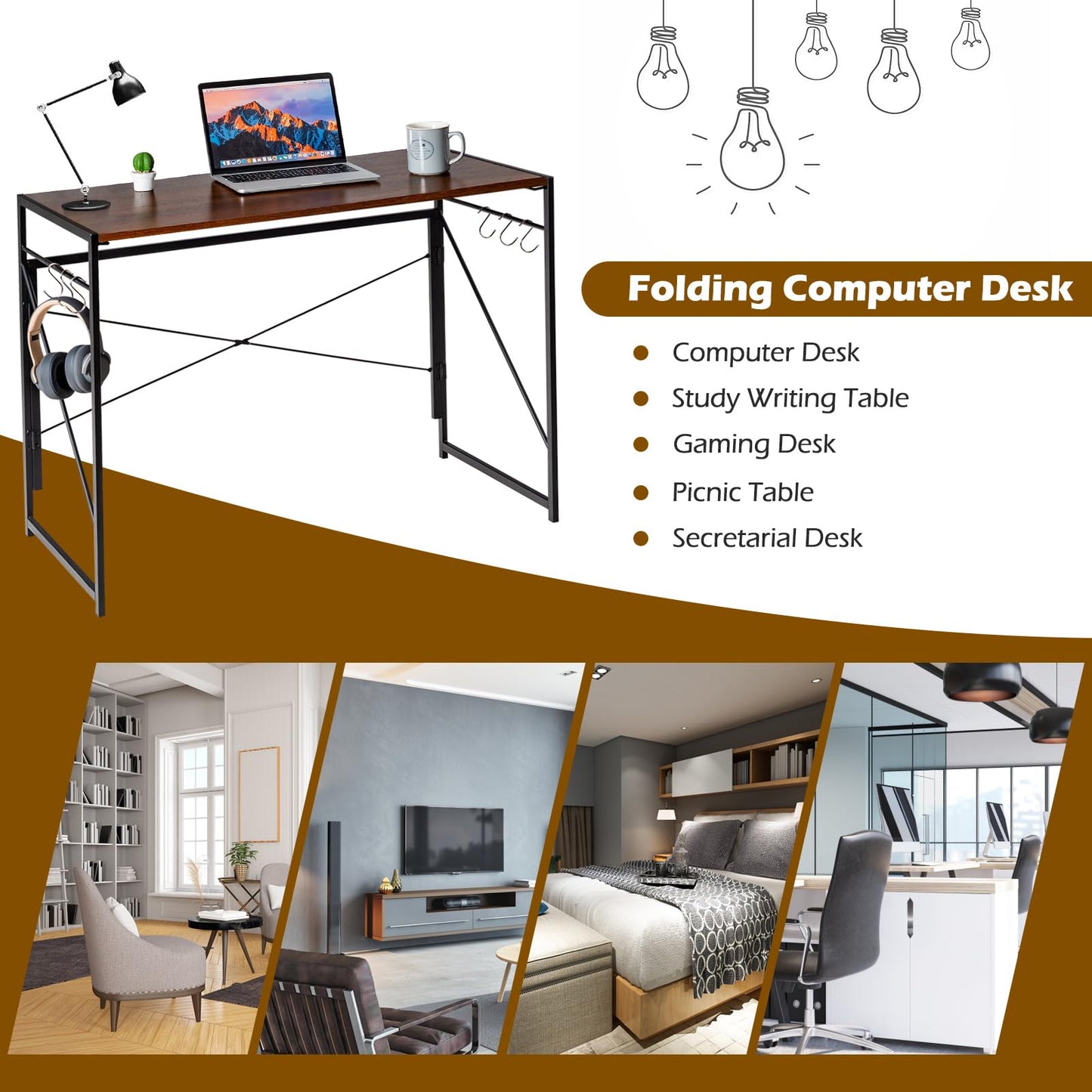 Folding Computer Desk, Modern Simple Study Desk Writing Workstation with 6 Hooks and Crossbars