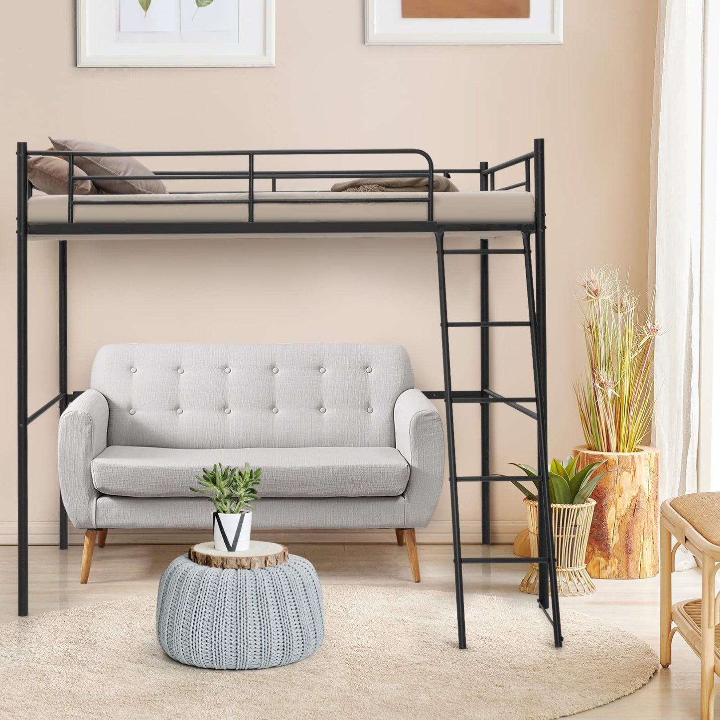 Metal Loft Bed Frame, Single Bunk Bed High Sleeper with Ladder & Safety Guardrail