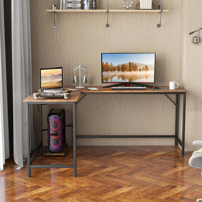 L-Shaped Computer Desk, 168cm Metal Frame Corner Writing Workstation with Charging Station