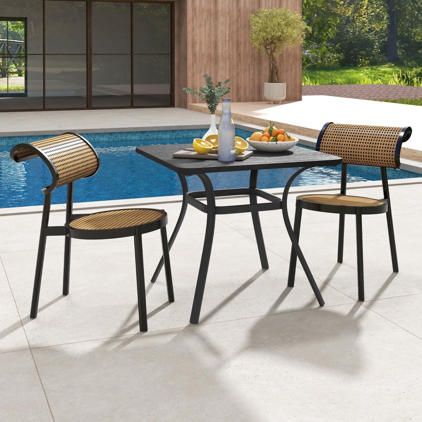 GiantexUK Outdoor Garden Dining Table, Metal Square Table with Wood-like Tabletop