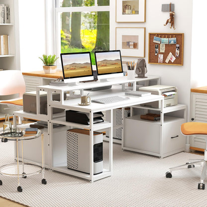 168CM Home Office Computer Desk, Wooden Study Table Writing Workstation with Monitor Stand