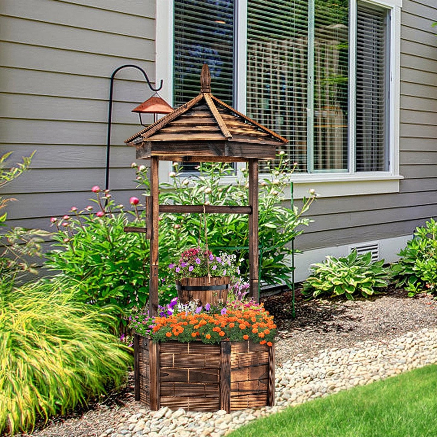 GiantexUK Wooden Wishing Well Planter, Garden Feature Flower Pot with Adjustable Hanging Bucket & Drainage Hole, 60 x 60 x 122cm