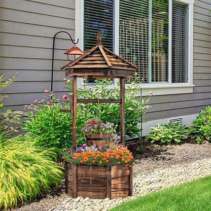 GiantexUK Wooden Wishing Well Planter, Garden Feature Flower Pot with Adjustable Hanging Bucket & Drainage Hole, 60 x 60 x 122cm