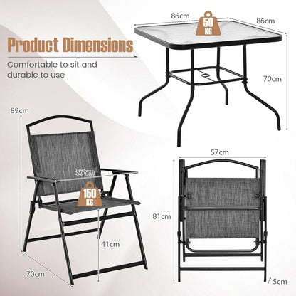 GiantexUK 5 Piece Folding Dining Set, Patio Conservatory Set with Tempered Glass Tabletop & Umbrella Hole (Table+4 Chairs)