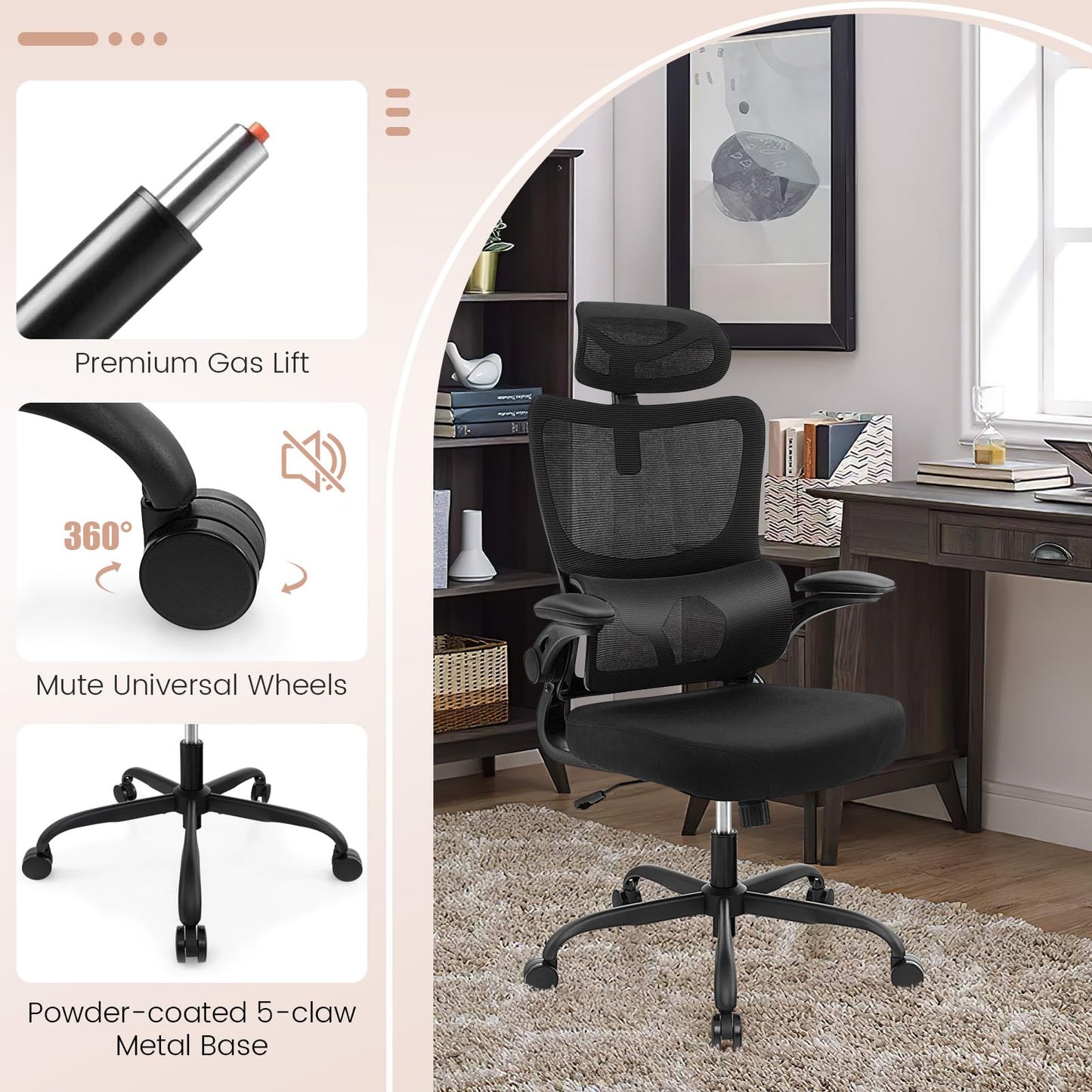 Mesh Office Chair, Ergonomic High Back Swivel Computer Desk Chair with Lumbar Support (71 x 71 x 117-127cm)