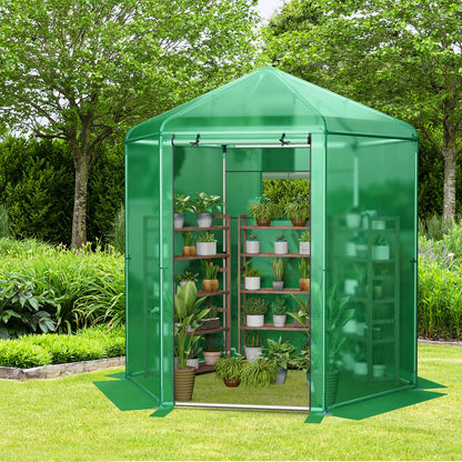 GiantexUK Walk In Greenhouse, 214x183x227cm Galvanised Steel Frame Hexagon Growhouse with Waterproof PE Cover, Roll-up Mesh Window & Door