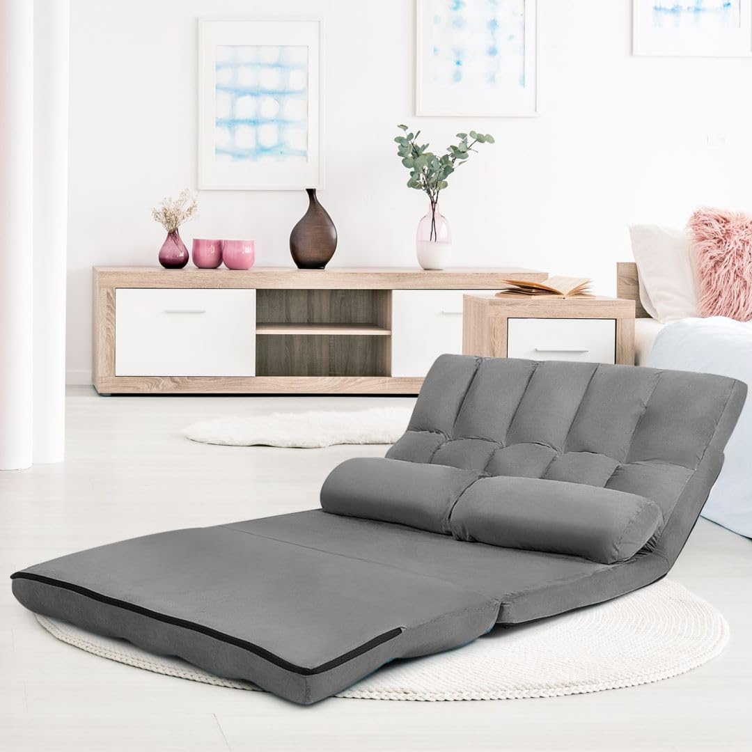 Folding Double Sofa Bed, Adjustable 6-Position Chaise Lounge Sofa with 2 Pillows and Sponge Filling