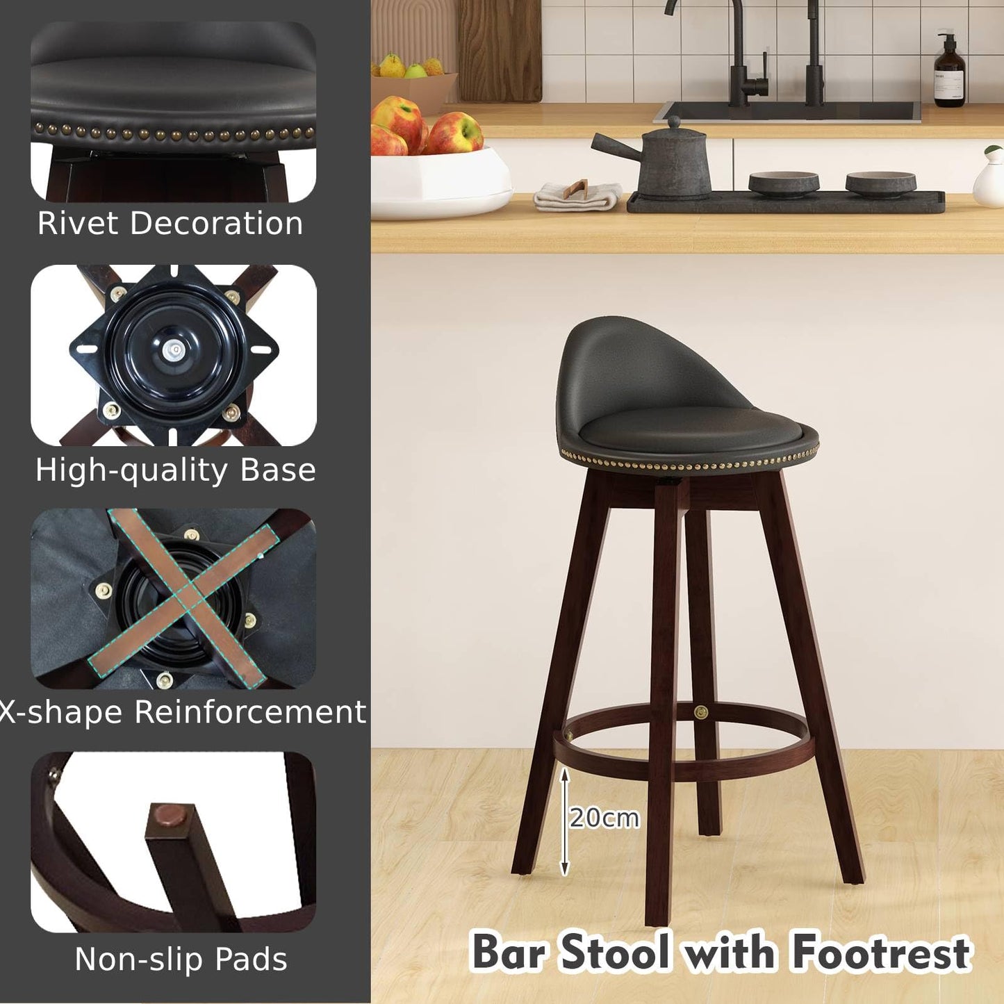 GiantexUK Bar Stools Set of 2, Upholstered Swivel Barstools with Rivets, Padded Back, Rubber Wood Legs & Footrest