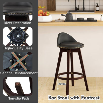 GiantexUK Bar Stools Set of 2, Upholstered Swivel Barstools with Rivets, Padded Back, Rubber Wood Legs & Footrest