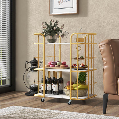 GiantexUK Serving Cart, 3-Tier Metal Frame Kitchen Cart Trolley with Faux Marble Shelves, Lockable Wheels & Handles, Modern Rolling Bar Trolley for Home Dining Living Room